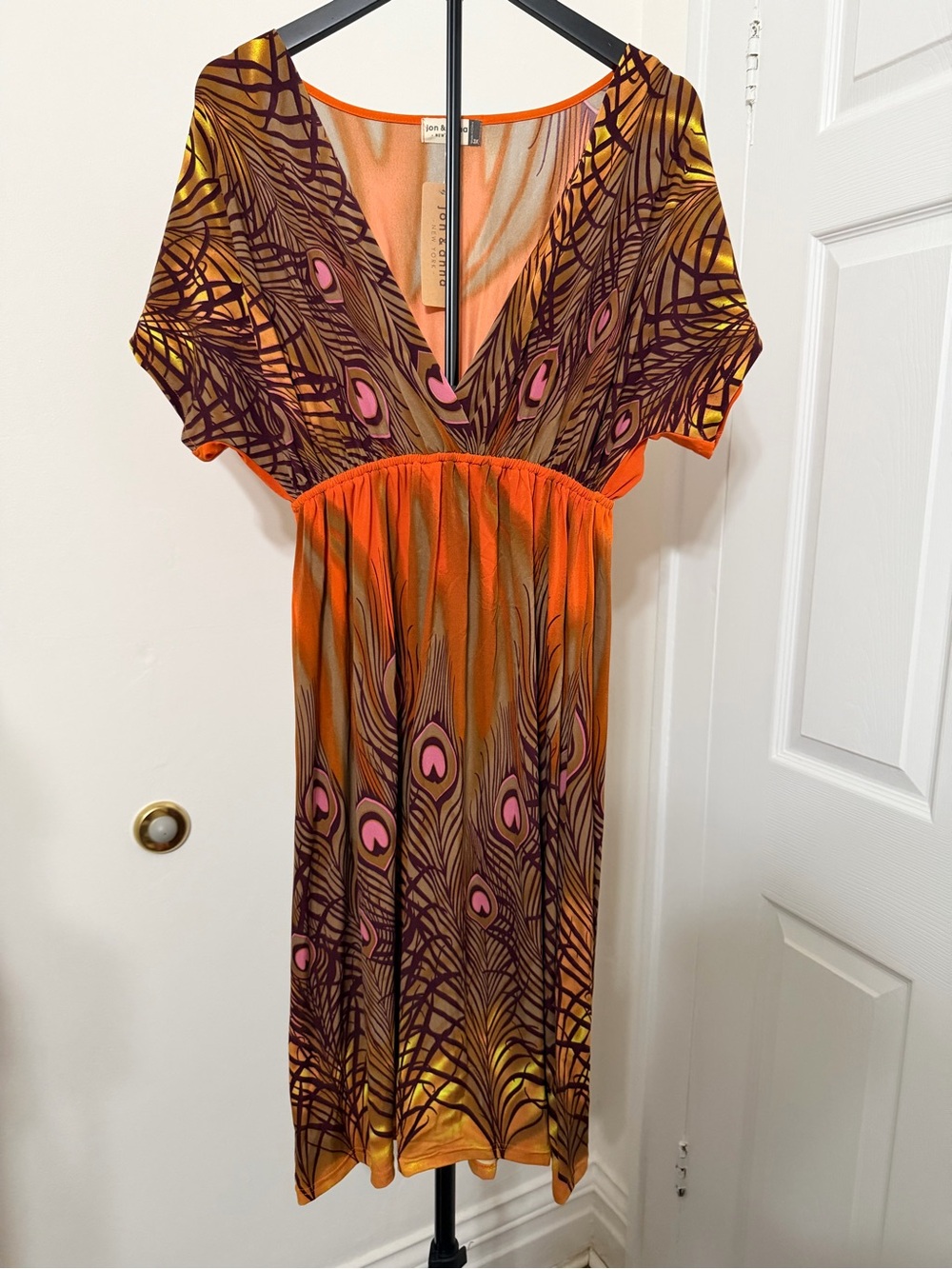 Jon & Anna Orange Peacock-Print V-Neck Midi Dress with Pink Accents